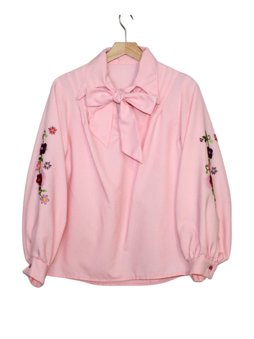 Vintage 70s women's blouse pink handmade pointed collar floral embroidered - Picture 1 of 11